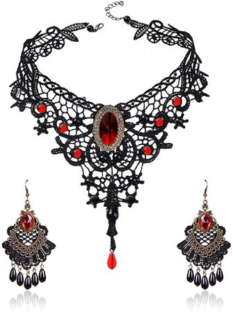 Amazon.com: Qrettie Choker Necklace Earrings Set for Halloween Punk Steampunk Costume Party Women Gothic Black Lace Necklace Vintage Lolita Victorian Halloween Choker Vampire Pendant (Red): Clothing, Shoes & Jewelry