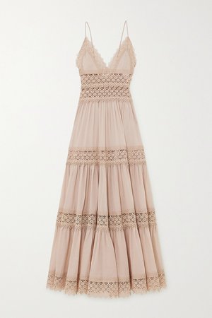 Taupe Cindy tiered crocheted lace-paneled cotton-blend voile maxi dress | Charo Ruiz | NET-A-PORTER