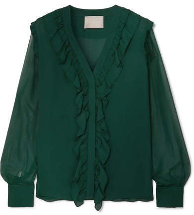 Collection - Ruffled Silk-chiffon Blouse - Green