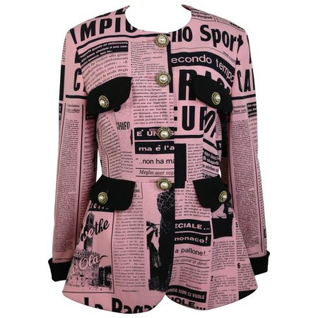 Moschino Couture Pink Wool Smiley Face Newsprint Jacket For Sale at 1stdibs