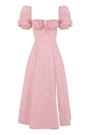 Clothing : Midi Dresses : 'Tallulah' Pink Floral Puff Sleeve Midi Dress