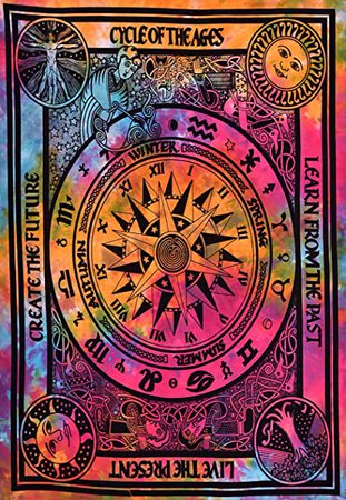 Amazon.com: ANJANIYA Cycle of Ages Zodiac Sun Moon Goodluck Tie Dye Bohemian Room Dorm Decor Hippie Indian Small Boho Tapestry Psychedelic Tarot Poster Size 40"x30" Mandala Art Cotton Wall Hanging (Multi): Everything Else