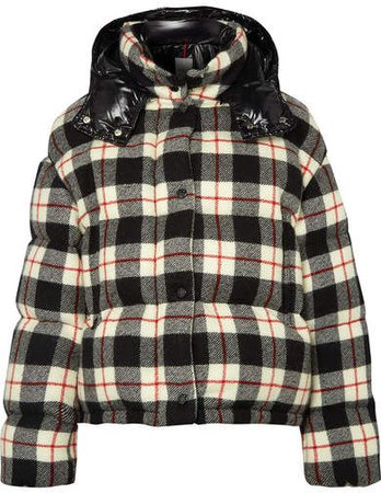 Hooded Quilted Checked Wool And Shell Down Jacket - Black