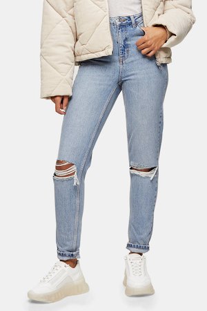 Bleach Wash Double Rip Mom Tapered Jeans