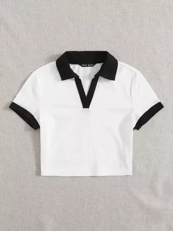 Contrast Trim Crop Polo Shirt | SHEIN USA white