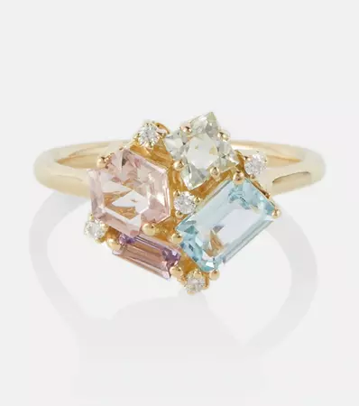 Suzanne Kalan - Amalfi 14kt gold ring with diamonds and peridots | Mytheresa