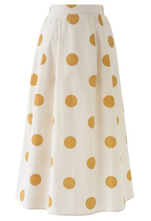 Contrast Polka Dots Print Midi Skirt in Light Yellow - Retro, Indie and Unique Fashion