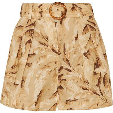Super Eight Belted Printed Linen Shorts - Cream