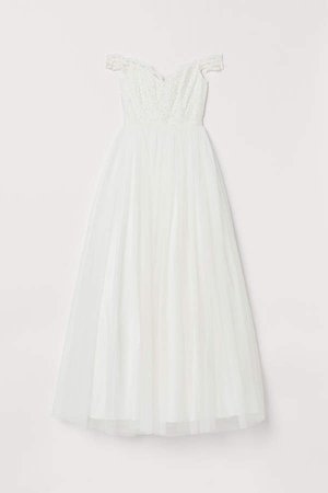 Long Lace and Tulle Dress - White