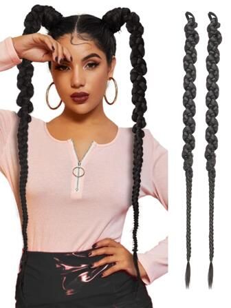 Long Braiding Hair Extensions 2 Pieces Set, Black Twisted Box Braided Ponytail Extension | SHEIN USA