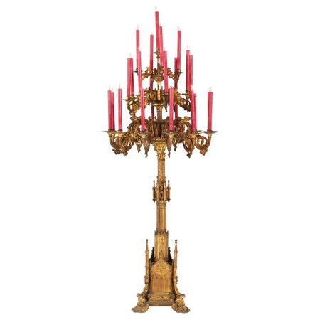 Large French 19th Century Gothic Revival Gilt Bronze Altar Candelabra For Sale at 1stdibs