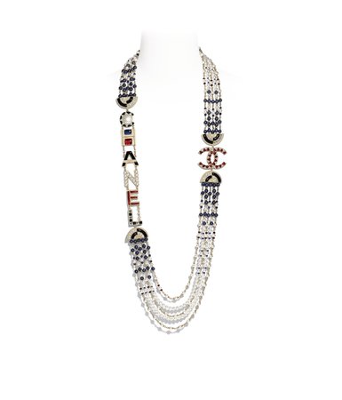 Long Necklace, metal, natural stones, glass pearls, strass & resin, gold, multicolor, pearly white & crystal - CHANEL