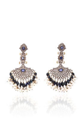 Indo-Russian 14K Gold, Pearl, Sapphire and Diamond Earrings by Sanjay Kasliwal | Moda Operandi