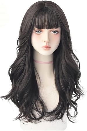 Amazon.com: SHYPT Fashion Ombre Brown Black Deep Wave Long Hair with Bangs Synthetic Wigs for Women Christmas Heat Resistant Thick Wig Gift (Color : A) : Beauty & Personal Care