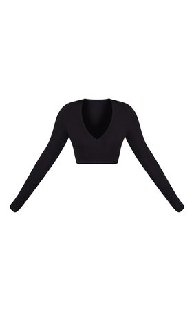 Black Soft Rib V Neck Long Sleeve Elastic Crop Top | PrettyLittleThing USA