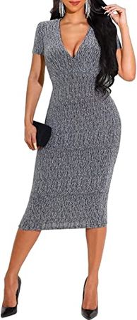 LalaLin Sexy Pencil Dress for Women Long Sleeve Deep V Neck Sparkly Bodycon Casual Club Midi Dresses at Amazon Women’s Clothing store