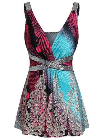 Printed Plunging Neck Sequined Tank Top | Rosegal