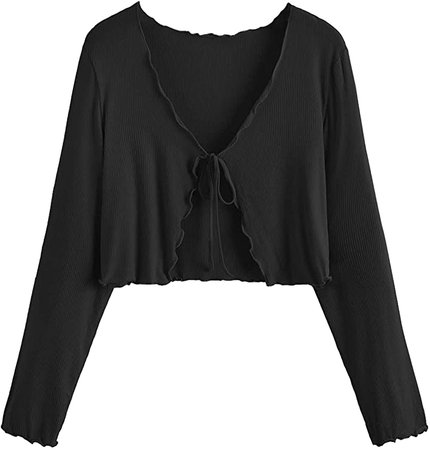Floerns Women's Plus Size Long Sleeve Lettuce Trim Open Tie Front Cardigan Crop Tops Black 2XL at Amazon Women’s Clothing store