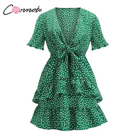Green Polka dot ruffle tie up front knot dress