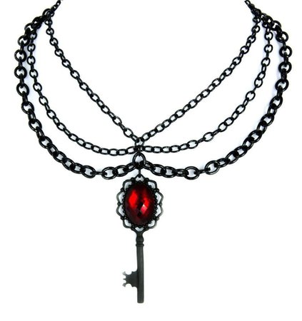 Old Skeleton Key w Red Stone on Black Triple Chain Necklace