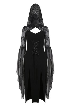 black corset dress with lace sleeves and hood