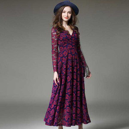 Casual Dresses | Shop Women's Purple Collar Long Sleeve Lace Dress at Fashiontage | a6eef18a-0-size-s