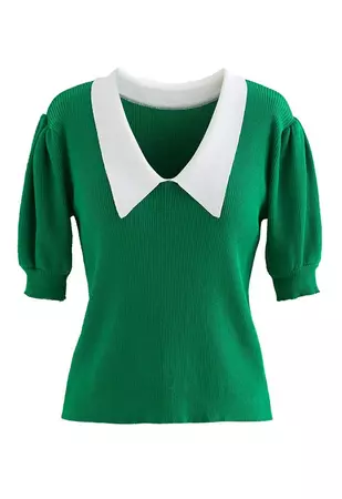 Contrast Pointed Collar Short Sleeve Knit Top in Green - Retro, Indie and Unique Fashion