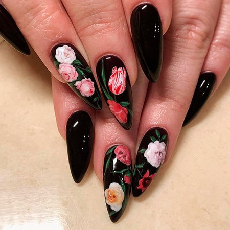 almond floral nails black pink red