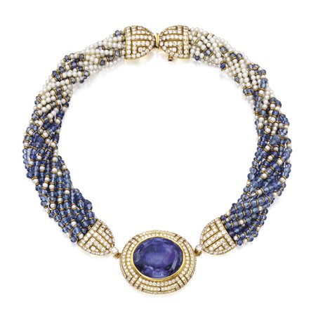 18 Karat Gold, Sapphire, Cultured Pearl and Diamond Necklace, Bulgari