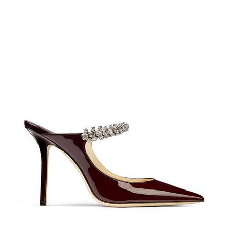 Bordeaux Patent Leather Mules with Crystal Strap|BING 100| Autumn Winter 19| JIMMY CHOO