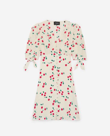 Silk short printed ecru dress with cherries | The Kooples