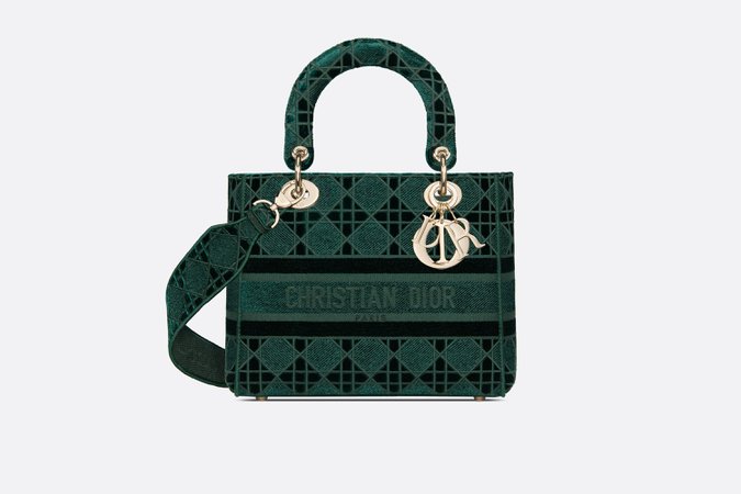 Dior, MEDIUM LADY D-LITE BAG Green Cannage Embroidered Velvet