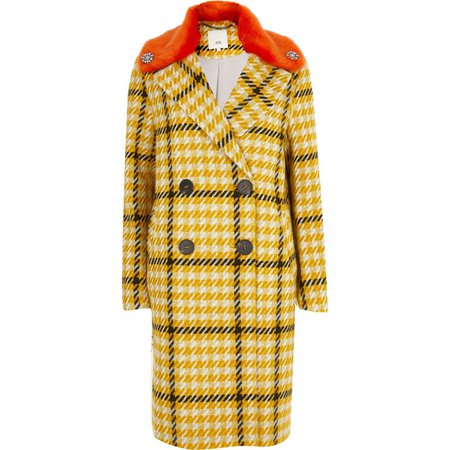 Yellow check faux fur collar coat - Coats - Coats & Jackets - women