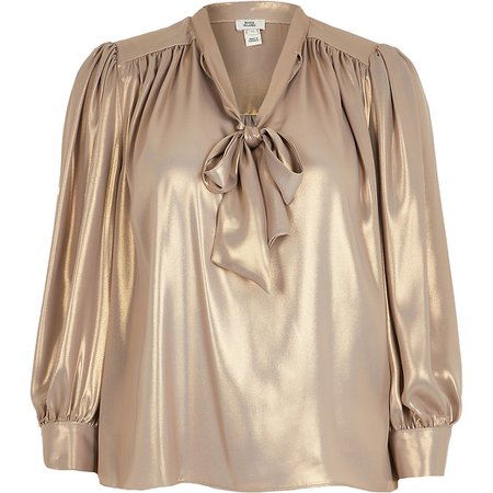 Gold long sleeve metallic bow blouse top | River Island