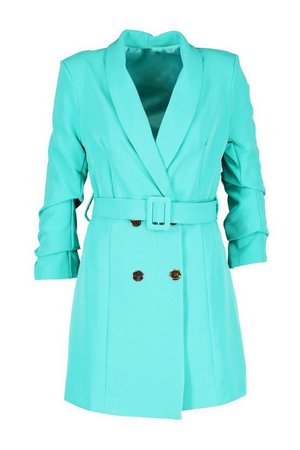 Ruched Sleeve Breasted Belted Blazer Dress | Boohoo