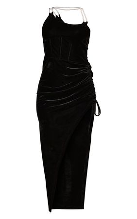 Black Pearl Strap Corset Velvet Midaxi Dress | PrettyLittleThing USA