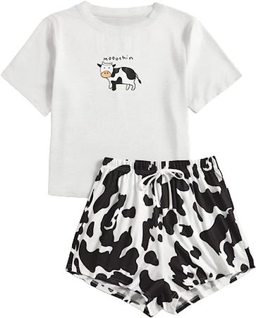WDIRARA Women's Cartoon Cow Print Short Sleeve Tee and Shorts Pajama Set at Amazon Women’s Clothing store