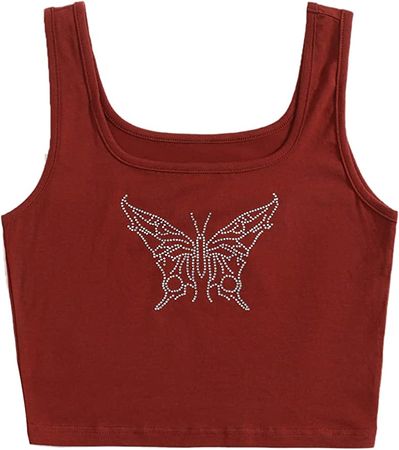 Verdusa Women's Square Neck Sleeveless Rhinestone Butterfly Tank Crop Top at Amazon Women’s Clothing store
