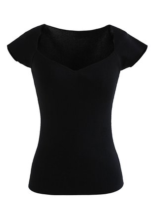 Sweetheart Neck Short-Sleeve Fitted Knit Top in Black - Retro, Indie and Unique Fashion