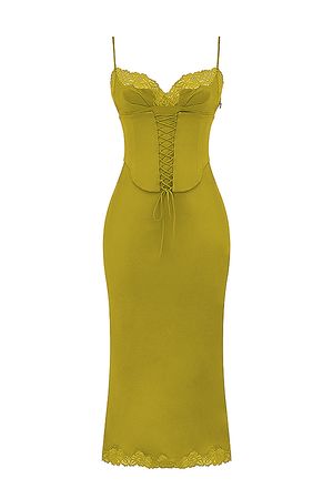 Clothing : Midi Dresses : 'Salma' Chartreuse Satin Slip Dress