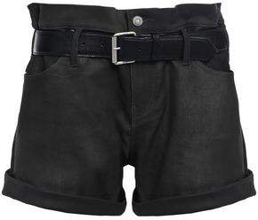 Belted Coated Lizard-effect Leather Shorts