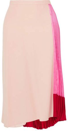 Pleated Color-block Satin And Crepe Skirt - Pink
