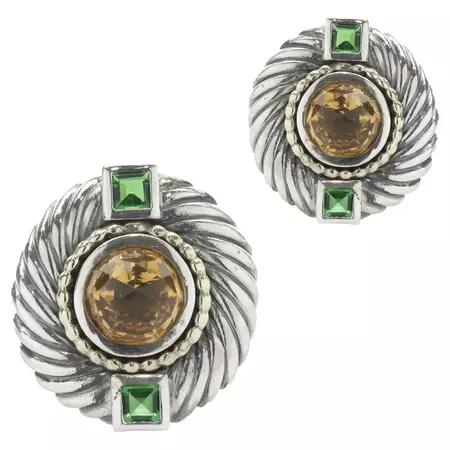 David Yurman Sterling Silver and 14k YG Citrine and Green Tourmaline Disc Earrings For Sale at 1stDibs