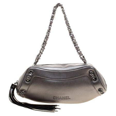 Chanel Metallic Grey Leather Tassel Evening Bag For Sale at 1stdibs