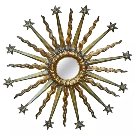 Midcentury French Giltwood Sunburst Mirror with Star and Cloud Motifs For Sale at 1stDibs