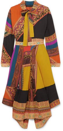 Pussy-bow Asymmetric Patchwork Wool And Silk-blend Twill Midi Dress - Orange