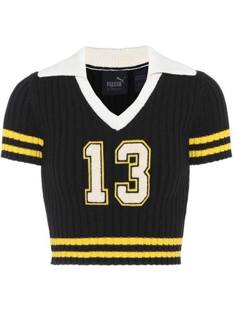 Black and yellow stripe polo sweater crop top