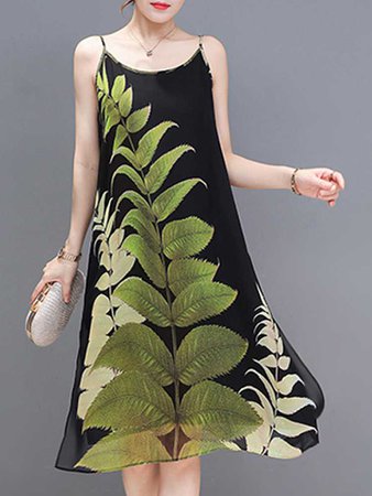 Hot saleSpaghetti Strap Leaves Floral Print Loose O-neck Vintage Dresses Cheap - NewChic