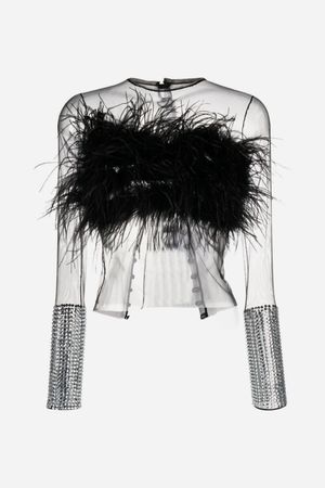 Feather-trim long-sleeved sheer top – LOULOU