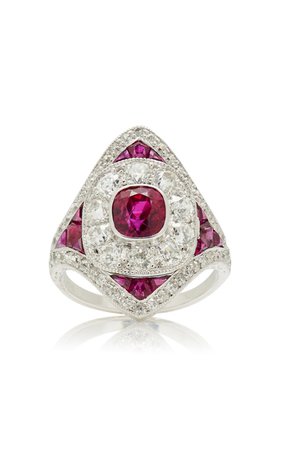 One Of A Kind Platinum Diamond & Burma Ruby Art Deco Ring By Stephen Russell | Moda Operandi